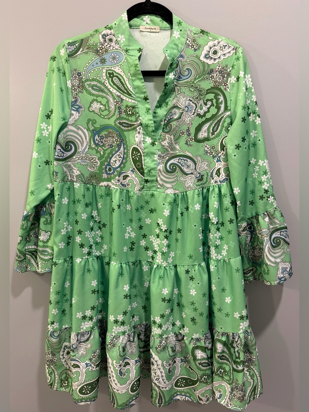 Sunday Up Paisley Print Long Sleeve Tiered V-Neck Dress Green Multi Size M